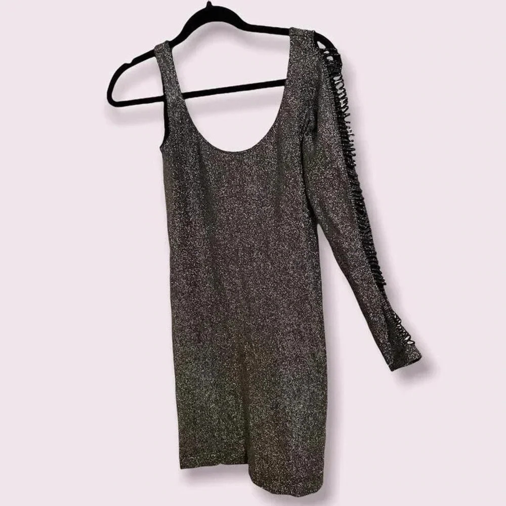 Silver Glitter Dress One Long Sleeve Cut Outs Medium